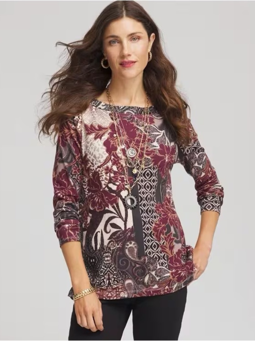 CHICO’S NWT 0 Printed Pima Cotton Bateau Neck Tee Paisley Patchwork Artisan S
